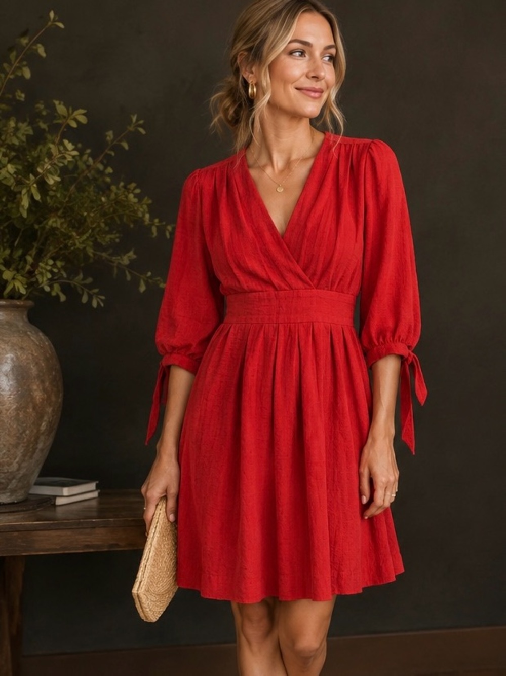 FRNCH Red V-Neck Tie-Sleeve Mini Dress